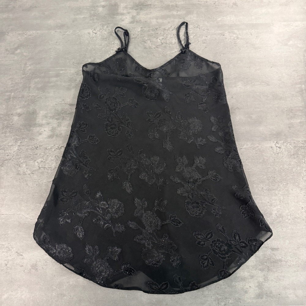 Morgan Taylor Camisole Slip Chemise S Black Floral Burnout Sheer Mesh Straps